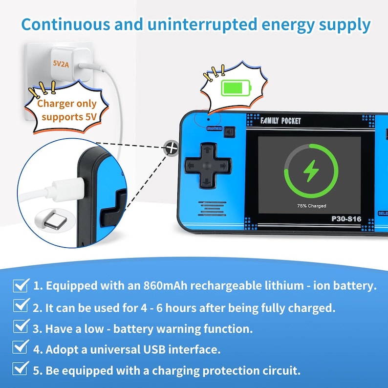 May include: A blue handheld gaming console with a black screen showing a charging icon. The console features a D-pad and buttons, with the text "FAMILY POCKET". The image also shows a charger and text that says "Continuous and uninterrupted energy supply".