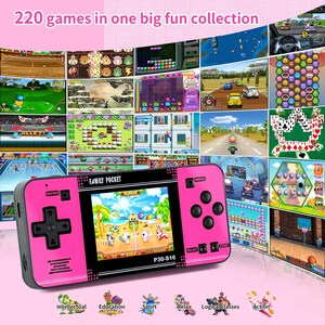 May include: A bright pink handheld games console with a screen showing a game. The console has a directional pad, buttons, and the text "FAMILY POCKET". The image also shows various game screenshots and the text "220 games in one big fun collection".