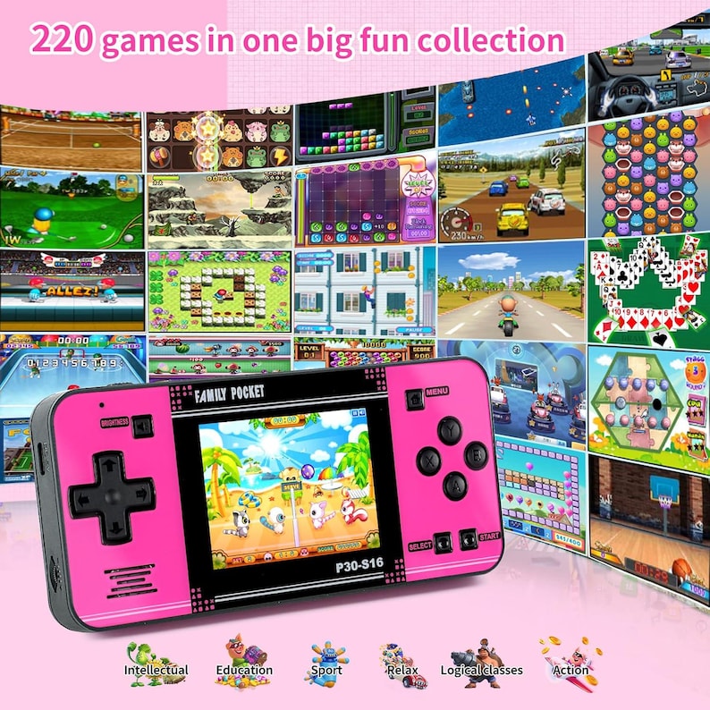 May include: A bright pink handheld games console with a screen showing a game. The console has a directional pad, buttons, and the text "FAMILY POCKET". The image also shows various game screenshots and the text "220 games in one big fun collection".
