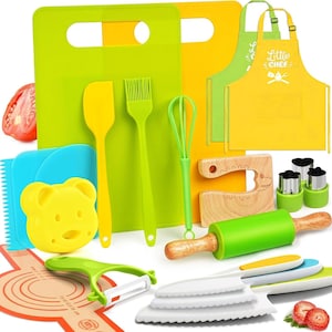 May include: A colorful children's kitchen set featuring a yellow apron with "Little Chef" text, cutting boards, and various cooking utensils. Includes a rolling pin, cookie cutters, and a peeler. The set is in bright green, yellow, and blue.