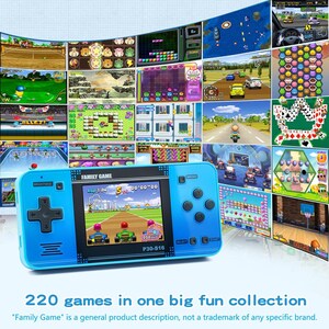 May include: A bright blue handheld games console with a screen showing a racing game. The console has a directional pad, buttons, and the text "FAMILY GAME". The background displays various game screenshots. The text at the bottom says "220 games in one big fun collection".