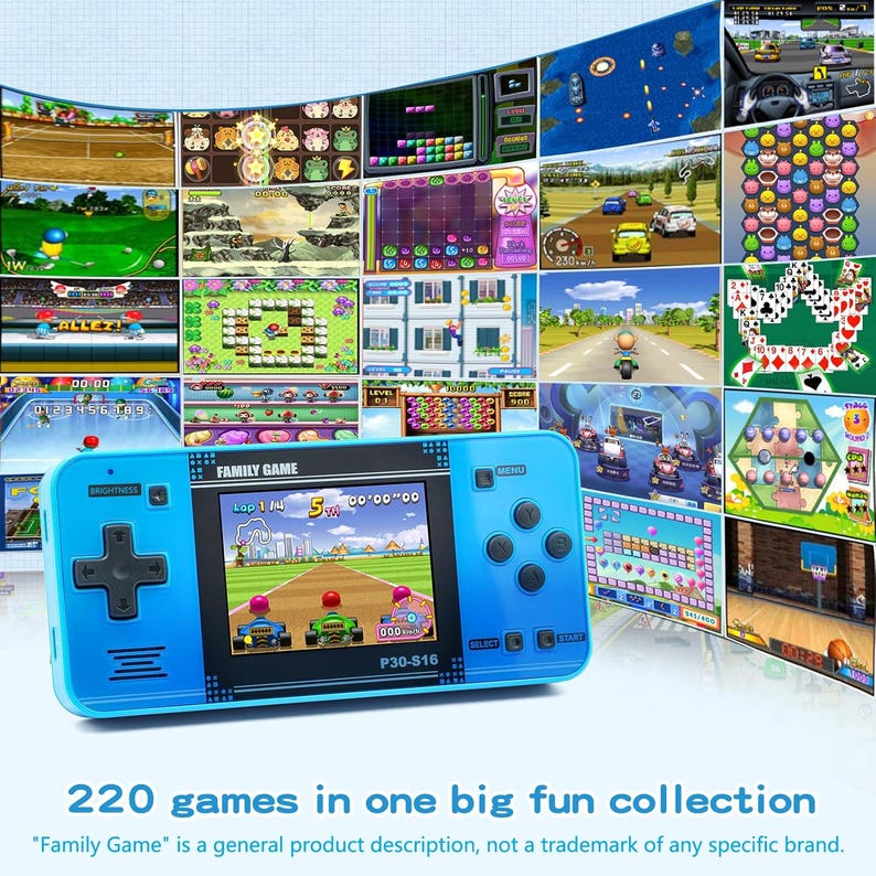 May include: A bright blue handheld games console with a screen showing a racing game. The console has a directional pad, buttons, and the text "FAMILY GAME". The background displays various game screenshots. The text at the bottom says "220 games in one big fun collection".