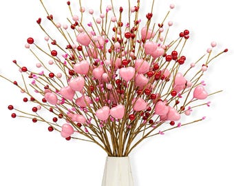 Valentine’s Day Decorations – 24 Pack Pink Heart Berry Picks with Red Berries, Romantic Decor for Wedding, Dinner and Anniversary