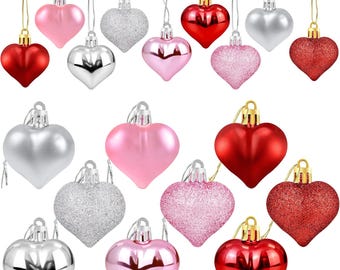 Valentine's Heart Ornaments - Red, Pink & Silver Glitter Baubles (36 Pcs)