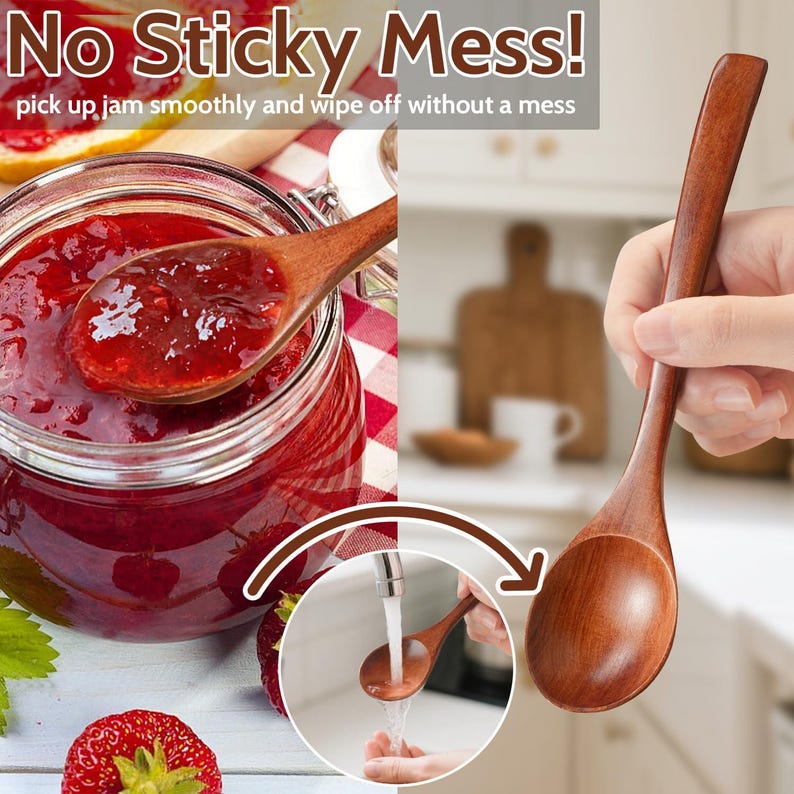 May include: Wooden spoon with a long handle and a rounded bowl, shown scooping jam from a jar. The image includes the text "No Sticky Mess! pick up jam smoothly and wipe off without a mess."