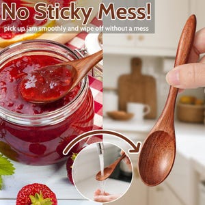 May include: Wooden spoon with a long handle and oval bowl, shown scooping jam from a jar. The image includes the text "No Sticky Mess!" and "pick up jam smoothly and wipe off without a mess". A strawberry is also visible.