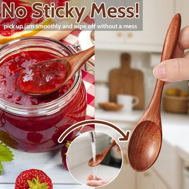 May include: Wooden spoon with a long handle and oval bowl, shown scooping jam from a jar. The image includes the text "No Sticky Mess!" and "pick up jam smoothly and wipe off without a mess". A strawberry is also visible.