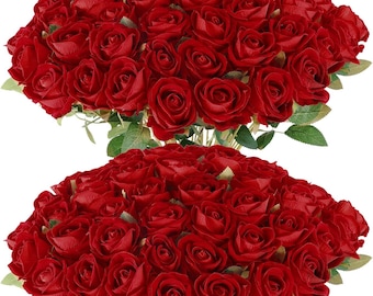 60 Velvet Silk Artificial Roses – Red Wedding Centerpieces