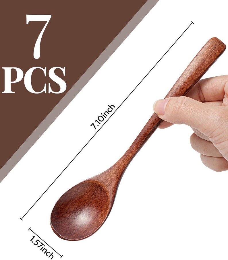 May include: A set of seven wooden spoons. Each spoon is a rich brown color, measuring 7.10 inches long and 1.57 inches wide. The text "7 PCS" is visible in the upper left corner.