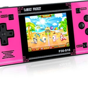 May include: A pink handheld games console featuring a screen showing a beach scene with cartoon characters. The console has a directional pad, buttons, and the text "FAMILY POCKET" and "P30-S16".