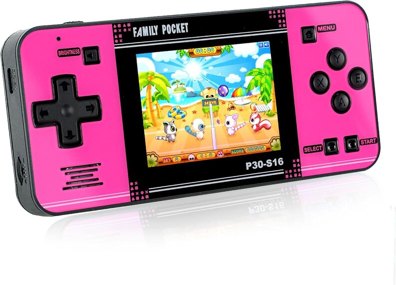 May include: A pink handheld games console featuring a screen showing a beach scene with cartoon characters. The console has a directional pad, buttons, and the text "FAMILY POCKET" and "P30-S16".