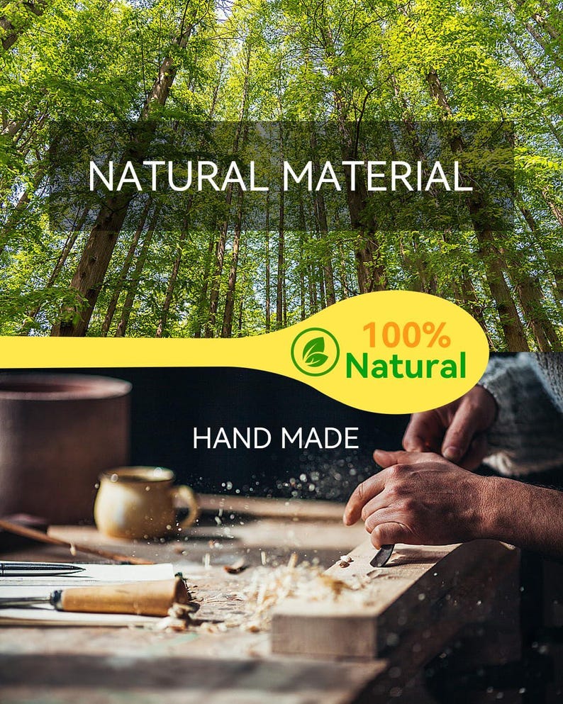 May include: Image of a person carving wood with a chisel. The background features a forest scene with the text "NATURAL MATERIAL" and "HAND MADE". A yellow spoon-shaped graphic displays "100% Natural".