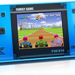 May include: A blue handheld games console showing a racing game on its screen. The console features a directional pad, buttons, and the text "FAMILY GAME". The game displays three go-karts racing. The model number "P30-S16" is visible.