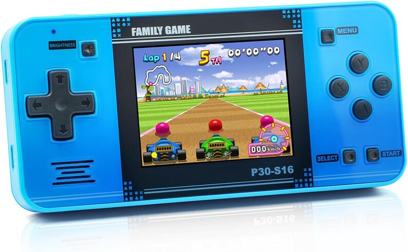 May include: A blue handheld games console showing a racing game on its screen. The console features a directional pad, buttons, and the text "FAMILY GAME". The game displays three go-karts racing. The model number "P30-S16" is visible.