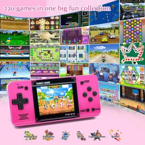 May include: A pink handheld games console with a screen showing a beach scene. The console has a directional pad and buttons, with the text "FAMILY GAME". The image shows a collage of various game screenshots, with the text "220 games in one big fun collection".