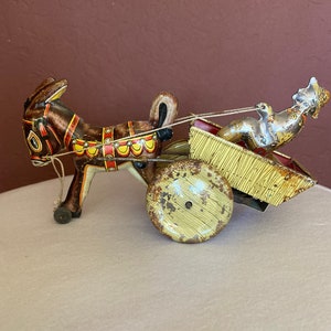 1948 Marx tin lithograph wind-up toy donkey cart and driver