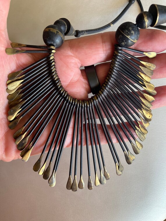 Vintage brass paddle bib necklace ~ blackened ~pi… - image 4