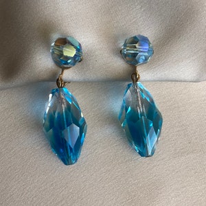 Vintage faceted blue crystal drop clip-on earrings signed Vogue Jlry