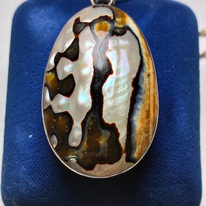 May include: Oval pendant necklace with a silver-tone metal frame. The pendant features a polished abalone shell with iridescent colors of white, brown, black, and gold. The necklace is displayed on a blue surface.