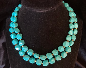 Vintage Crown Trifari faux turquoise off round bead choker necklace ~ double strand