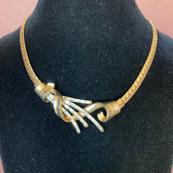 Trifari Meteor choker necklace ~ gold tone ~ baguette rhinestones ~ Alfred Philippe design