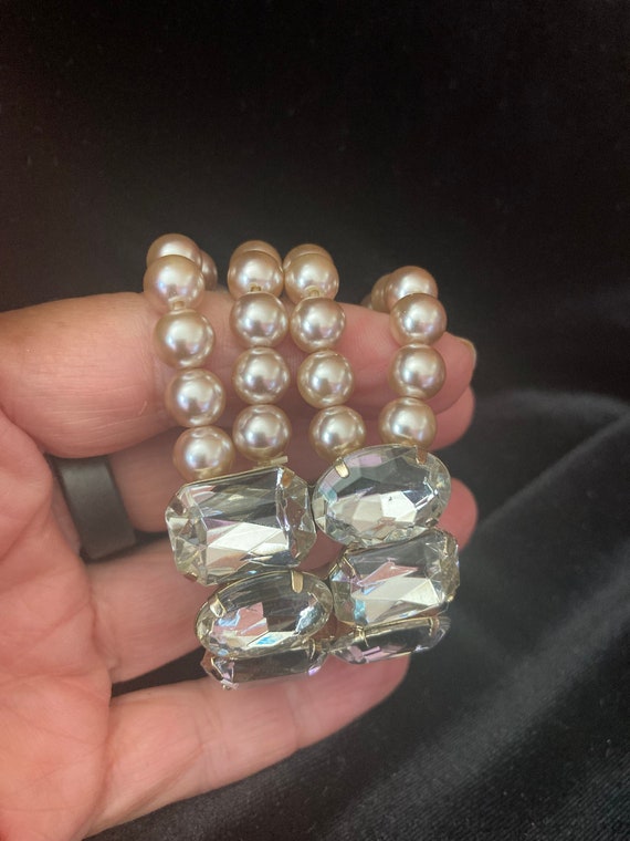 Four strands faux pearls-large clear prong set rh… - image 3