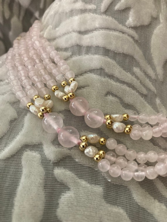 Pale rose quartz beads and seed pearls-gold tone … - image 9