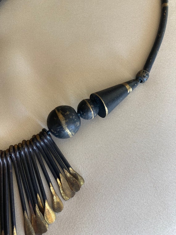 Vintage brass paddle bib necklace ~ blackened ~pi… - image 5