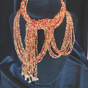 Gold and red seed bead belt or flapper style necklace ~ long with tassels