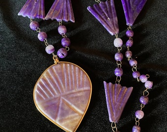 Vintage purple onyx bead carved sun face pendant statement necklace ~ Mayan
