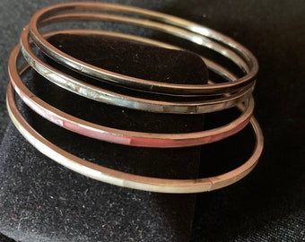 Set of 4 narrow mother of pearl inlay bangles - silver tone - stacking - enamel - skinny - thin