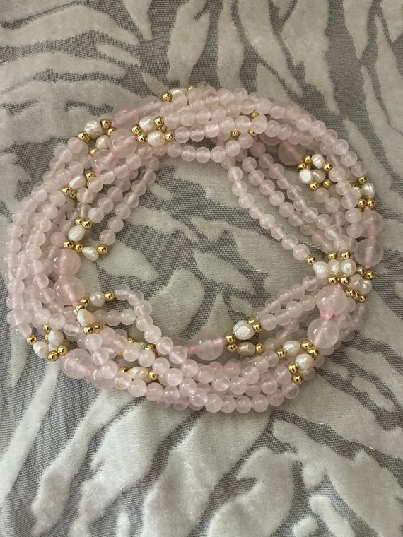 Pale rose quartz beads and seed pearls-gold tone … - image 7