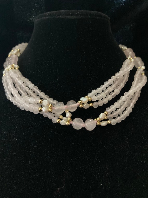 Pale rose quartz beads and seed pearls-gold tone … - image 1