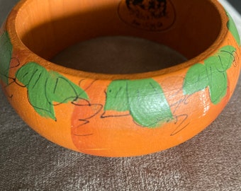 Chunky pumpkin-hand painted-wood bangle-bracelet-orange-Robin's Nest-San Diego Ca-green