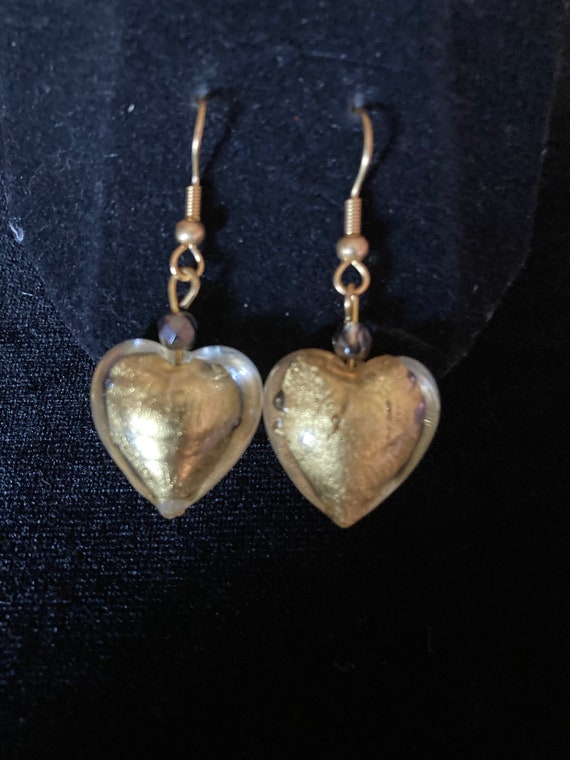 Gold dichroic glass heart earrings - pierced - dan