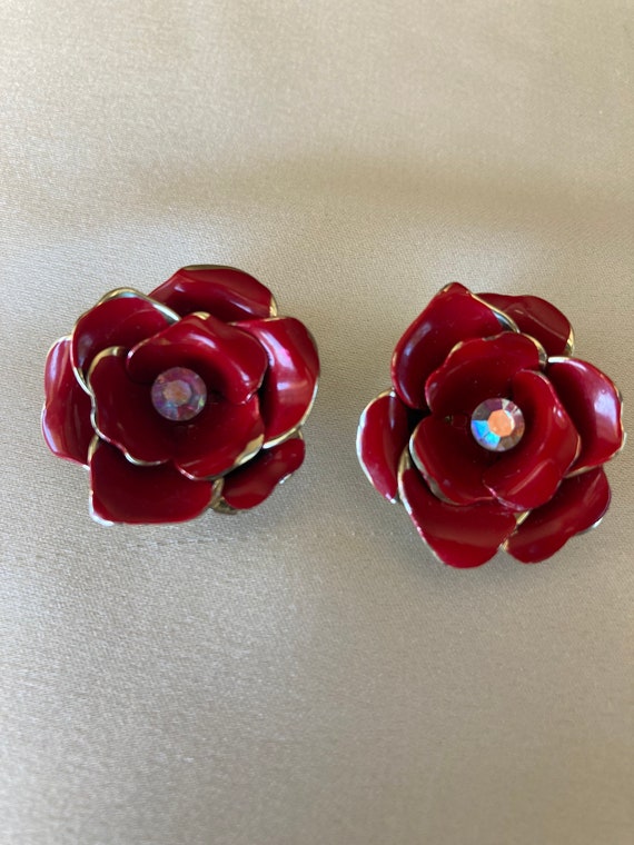 Vintage Coro red rose clip-on earrings ~ center r… - image 1