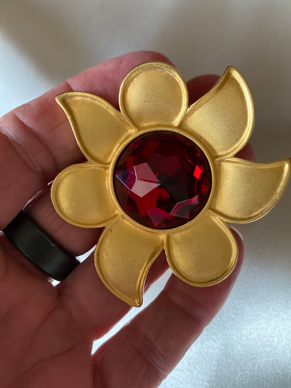 Vintage Caroline Herrera gold tone and red flower… - image 4