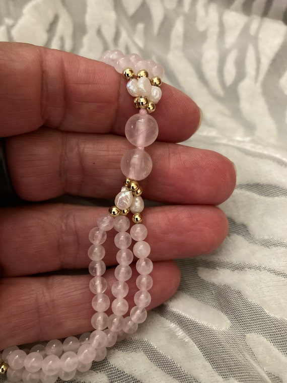 Pale rose quartz beads and seed pearls-gold tone … - image 8