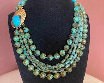Vintage multi-strand marbled teal bead necklace ~ fancy clasp