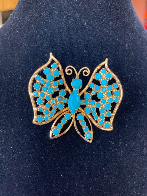 Vintage faux turquoise butterfly brooch gold tone 