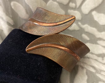 Copper hinged cuff bracelet-feathers-leaves-leaf-mid-century-art nouveau