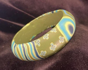 Viva polymer clay bangle-green-blue-floral-wavy-soft-7/8 inch wide-signed