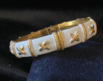 Enamel white and gold tone hinged bangle bracelet-X's-criss cross-nautical