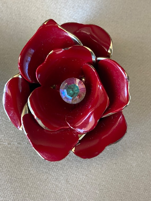 Vintage Coro red rose clip-on earrings ~ center r… - image 2