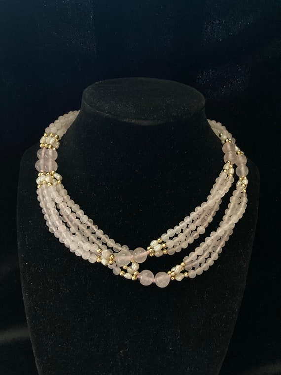 Pale rose quartz beads and seed pearls-gold tone … - image 3