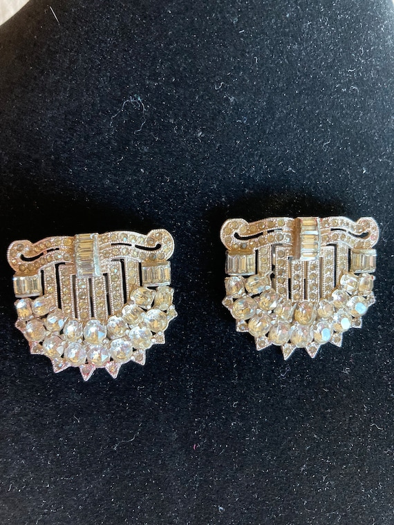 Art Deco rhinestone dress shoe clips silver tone