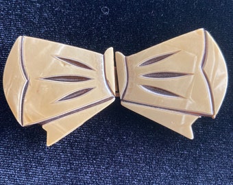Art Deco celluloid dress belt buckle ~ 2-part bow with hook