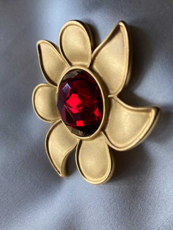 Vintage Caroline Herrera gold tone and red flower… - image 2