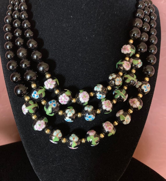 Triple strand black glass and cloisonne' bead neck