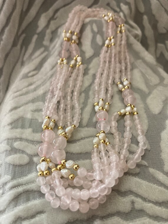 Pale rose quartz beads and seed pearls-gold tone … - image 2